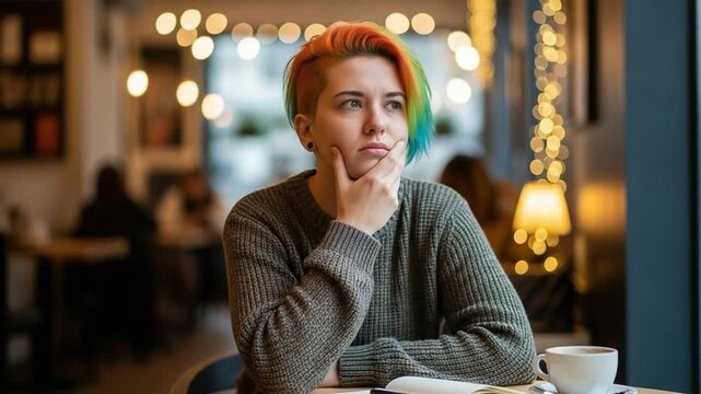 Pensive Non-Binary Individual with Rainbow Hair Thinking in a Cafe Setting