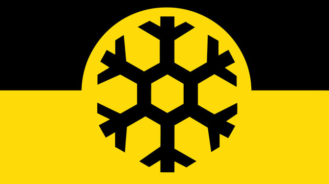 A black and yellow flag with a snowflake-like shape in the center. Abstract composition