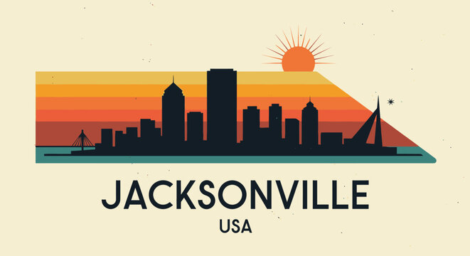Stylized illustrative cityscape of Jacksonville Florida depicting sunset with vibrant layered sky silhouette and iconic
