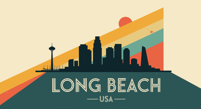 Vibrant Retro-Inspired Illustration of the Long Beach Skyline with Sunset Background