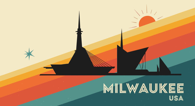 Stylized silhouette artwork of Milwaukee skyline with vibrant sunset colors and geometric design elements capturing cityscape