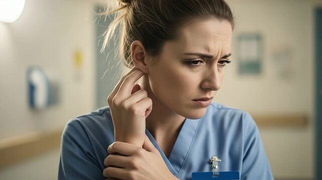 Exhausted Young Female Nurse Suffering From Tinnitus And Ear Pain In Hospital Hallway