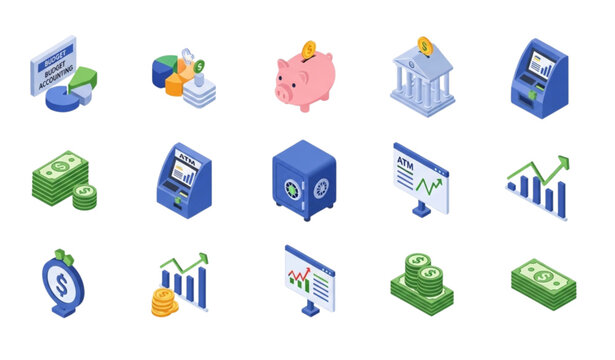 Isometric banking and finance icon set with piggy bank ATM safe and financial statistics elements for fintech and business design