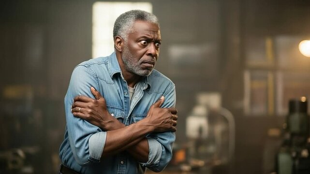 Elderly African American male worker feeling cold or traumatized in a factory setting, workplace safety