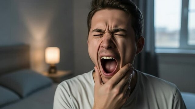 Young Caucasian man yawning with jaw pain in bedroom, symptoms of TMJ and sleep deprivation