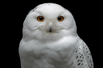 Obraz premium Frontal Close Up Portrait Of A Fluffy Snowy Owl With Golden Amber Eyes