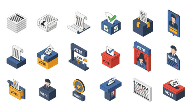 Isometric election and voting icon set with ballot box voting booth candidate selection and polling elements for civic design