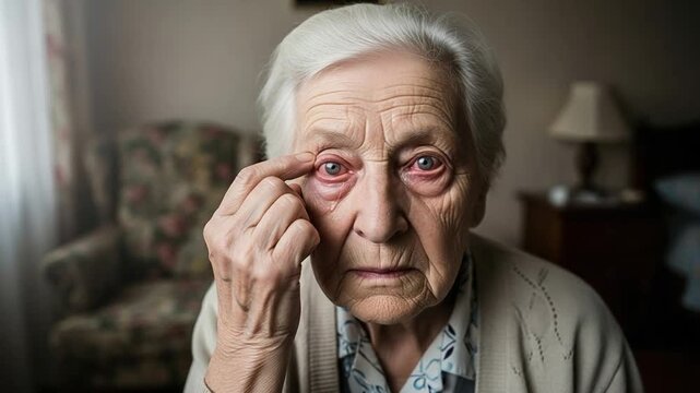 Elderly Woman with Chronic Dry Eye Syndrome and Redness Touching Face
