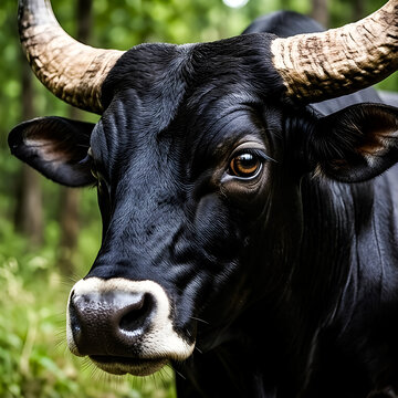 Black Bull with Large Horns Close-up Portrait