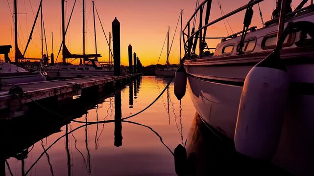 A serene marina scene at sunset with boats and their reflections