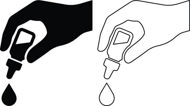 hand holding a medical dropper bottle dispensing a liquid drop, featuring a black silhouette and outline icon design for healthcare or skincare serum concepts.