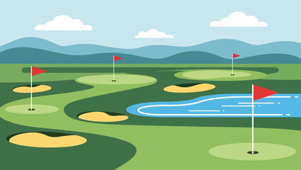 Fototapeta premium Colorful Golf Course Illustration with Red Flags, Sand Traps, and Water