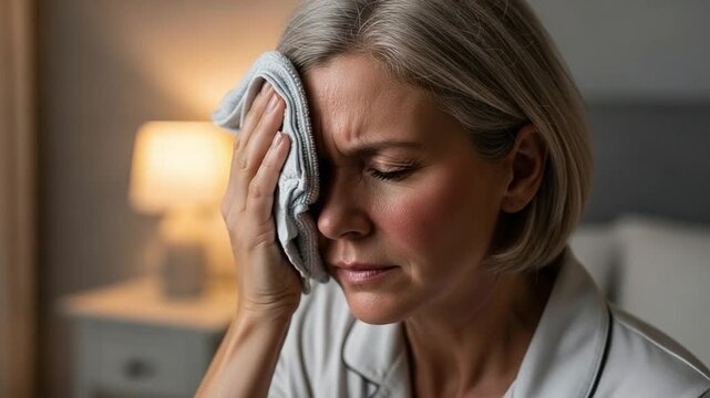 Mature woman with grey hair suffering from menopause hot flashes using cold compress