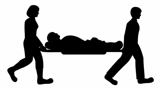 Emergency medical team in action carrying patient on stretcher silhouette