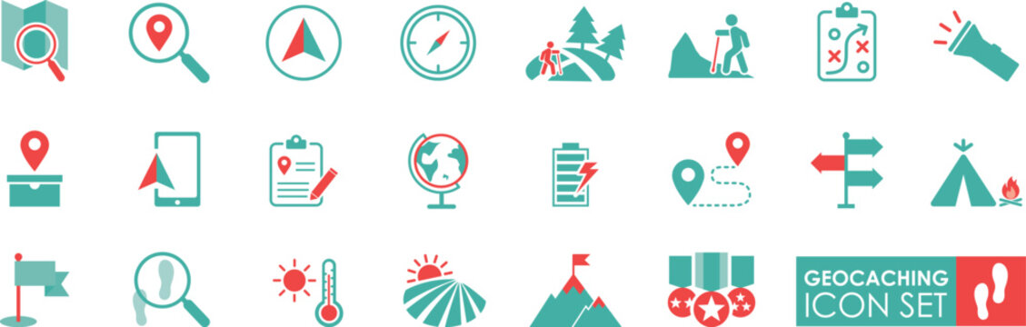 Geocaching icon set features various symbols related to outdoor activities, navigation, and exploration. Icons include maps, compasses, hiking