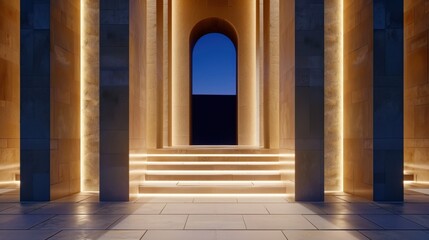 Fototapeta premium Majestic Entrance with Illuminated Archways and Warm Lighting at Dusk