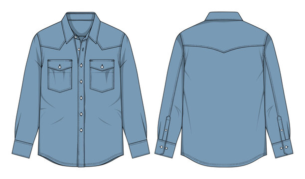 This light blue long sleeve button up shirt features Western yokes and dual chest pockets, serving as a versatile apparel template for clothing manufacturers and garment producers.