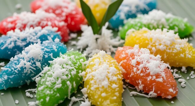 Vibrant Cenil Tapioca Snacks Arranged Artistically on Green Banana Leaf