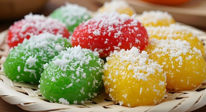 Assorted Colorful Cenil Traditional Tapioca Flour Cake on Woven Bamboo Plate