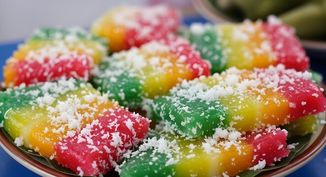 Colorful Gethuk Lindri Layered Cassava Cake Topped with Fresh Grated Coconut
