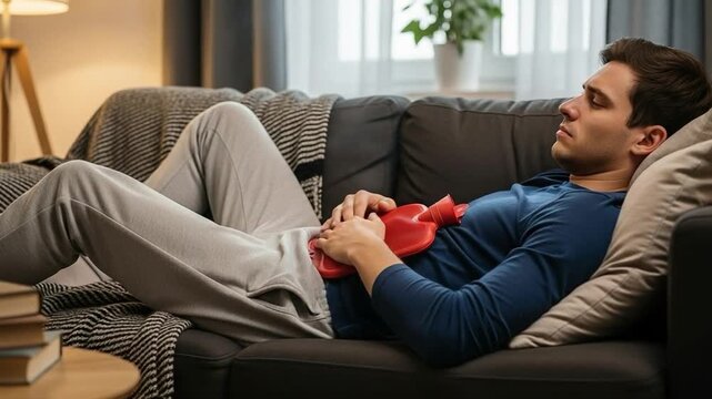Young Caucasian man lying on sofa with hot water bottle for stomach ache IBS relief at home