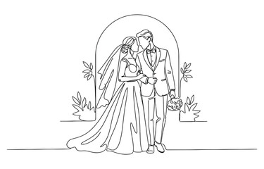 Obraz premium One line continuous drawing of elegant bride and groom, minimalist wedding couple line art.