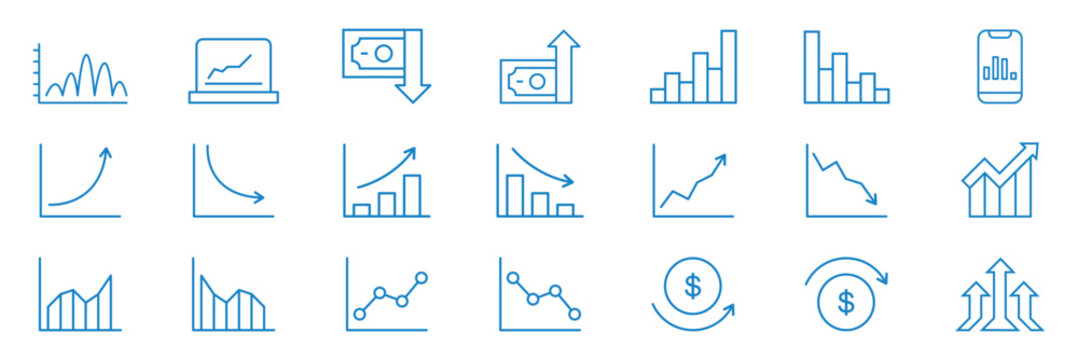 increase and decrease line icon. Line growth and decrease icon set. growth up and down. Profit and loss icon. Revenue Growth and decrease, Percentage increase and decrease vector. 