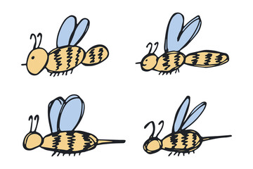 Obraz premium Set of hand drawn happy funny cute honey bee clipart Adorable flying striped insect friendly kawaii bumble bee For kids print, web, design, decor, logo