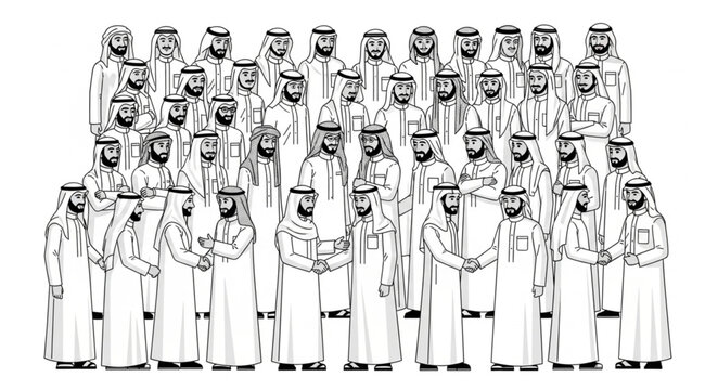 Group of Arab men in traditional attire standing together.