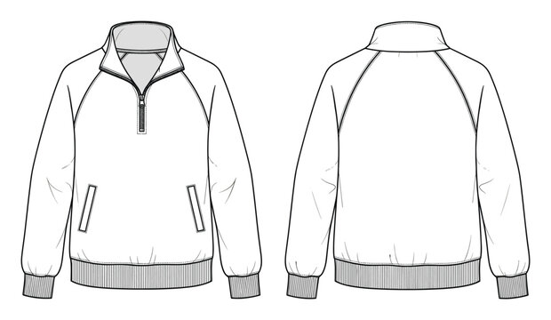Technical flat sketch of a mens quarter zip pullover sweatshirt or jacket with raglan sleeves and ribbed cuffs, ideal for apparel product development and sportswear fashion design templates.