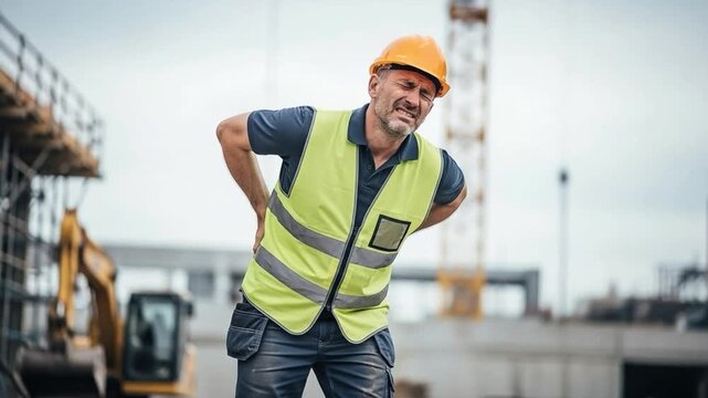 Middle Aged Male Construction Worker Suffering From Chronic Lower Back Pain On Site