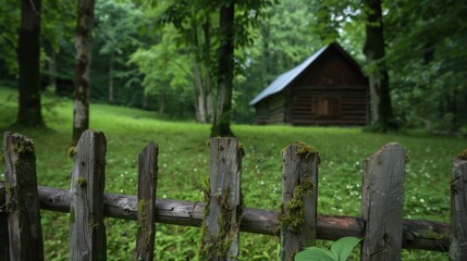 Naklejka premium Tranquil Rustic Log Cabin Surrounded by Lush Green Forest and Wooden Fence in Serene Natural Environment
