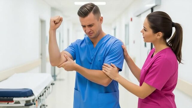 Male nurse with repetitive strain injury in elbow assisted by female colleague in hospital