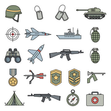 Military Icons Set: Army, Navy, Air Force Equipment & Symbols Flat Design