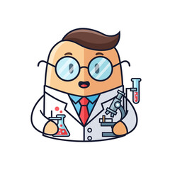 Fototapeta premium Cute Cartoon Scientist Character with Microscope and Test Tubes - Vector Illustration
