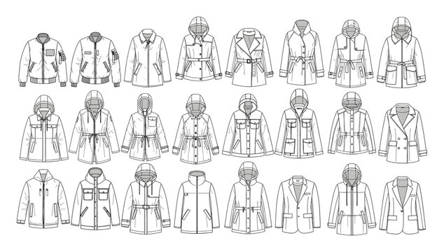Professional technical flat sketches of various outerwear garments for women and men, ideal for apparel product development, clothing manufacturing, and garment industry documentation.