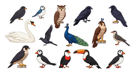 Naklejka premium A comprehensive assortment of various bird species showcasing a majestic swan, a wise owl, a vibrant peacock, powerful falcons, and other avian wildlife, ideal for naturefocused education