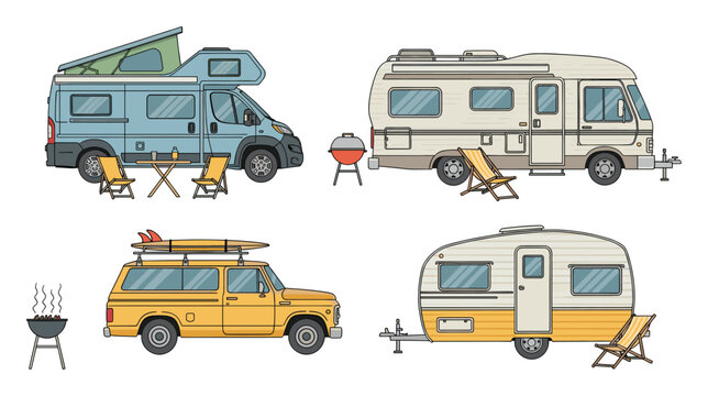 Collection of diverse recreational vehicles like a camper van motorhome travel trailer and surf car with camping accessories for outdoor adventures and road trips