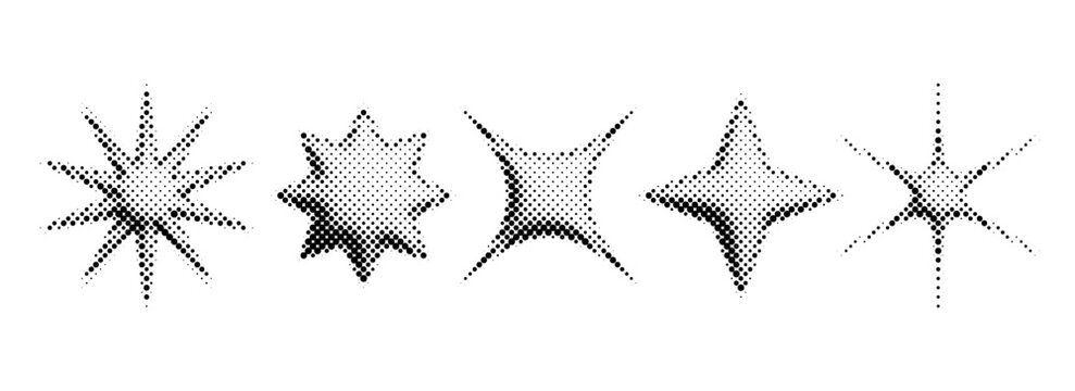 Halftone bitmap stars set. Pixelated comic burst and sparkle for poster, banner, flyer, collage, sticker. 3d dotted grain star shape collection. 8 bit grunge element bundle. Vector graphic design pack