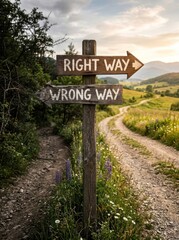 Fototapeta premium A weathered wooden signpost points in two directions.