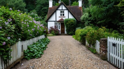 Fototapeta premium Charming Cottage Surrounded by Lush Greenery and Colorful Blooms on a Serene Pathway