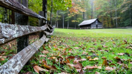 Fototapeta premium Serene Autumn Landscape with Wooden Fence and Rustic Cabin in a Peaceful Forest Setting