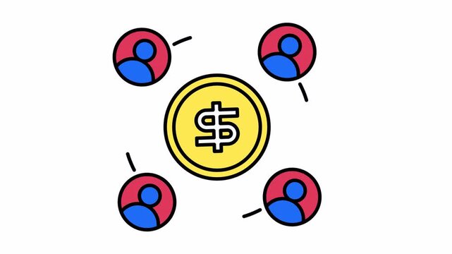 Financial network concept with people and dollar coin connected by lines icon animation. Finance, banking, networking, investments, teamwork, collaboration visual.