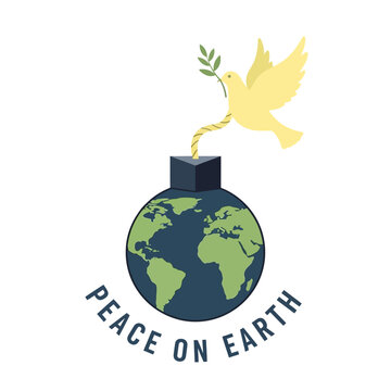 Dove Carrying Olive Branch From Exploding Bomb On Earth Globe
