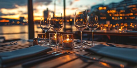 Fototapeta premium Fancy restaurant table outdoors romantic glasses.