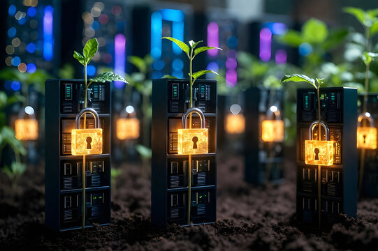 Privacy protection set cybersecurity digital garden with green plant sprouts growing from secure server racks with glowing padlocks