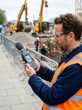 A construction worker uses a sound level meter to measure noise levels at a construction site. He wears safety glasses and a high-visibility vest.