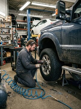 A mechanic is installing a wheel on a dark blue Ford F-250 pickup truck in an auto repair shop. He is kneeling on the floor, using a pneumatic impact wrench to loosen the lug nuts.