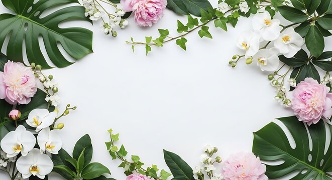 Delicate Floral Frame with Peonies, Orchids, and Exotic Foliage Layout