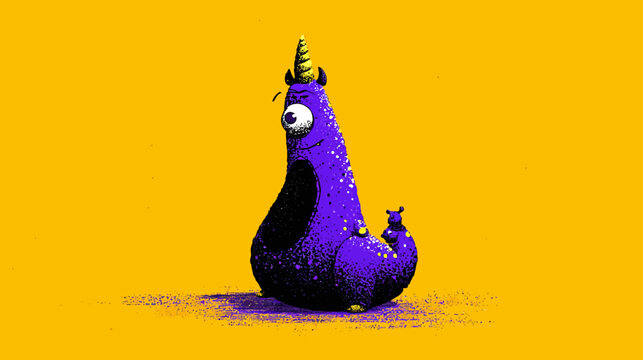 A purple monster with a yellow horn, big eye, and small companion sits against yellow